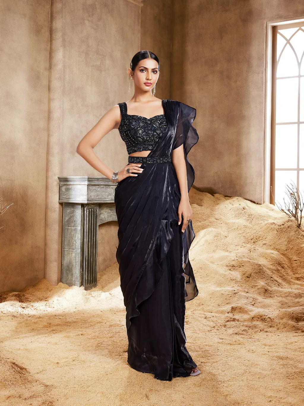 Unique Party Wear Indo Western Saree Light Blue Soft Silk Saree