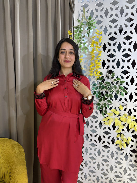 RED CREPE CO - ORD SET